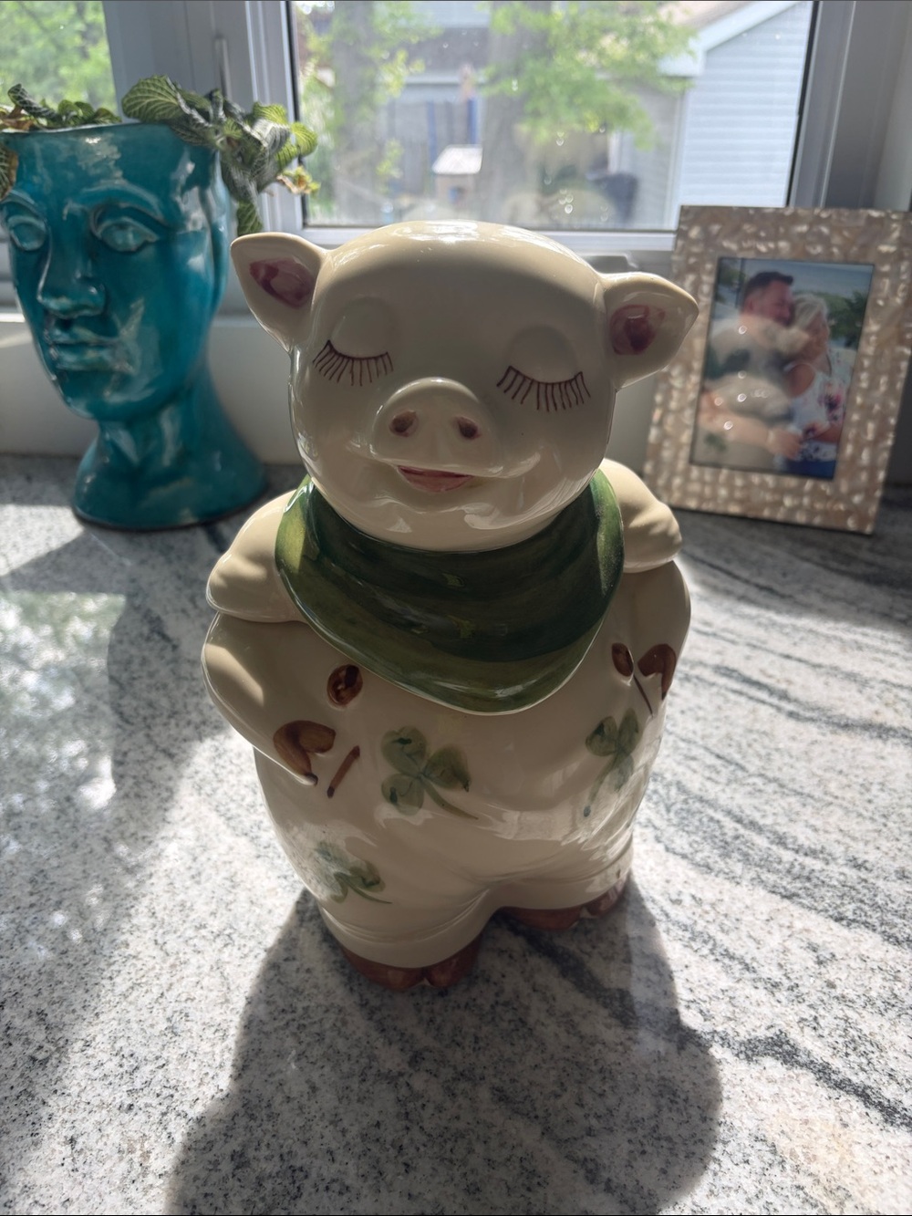 Cream Ceramic Pig Figurine with Green Scarf - Decorative Home Accent